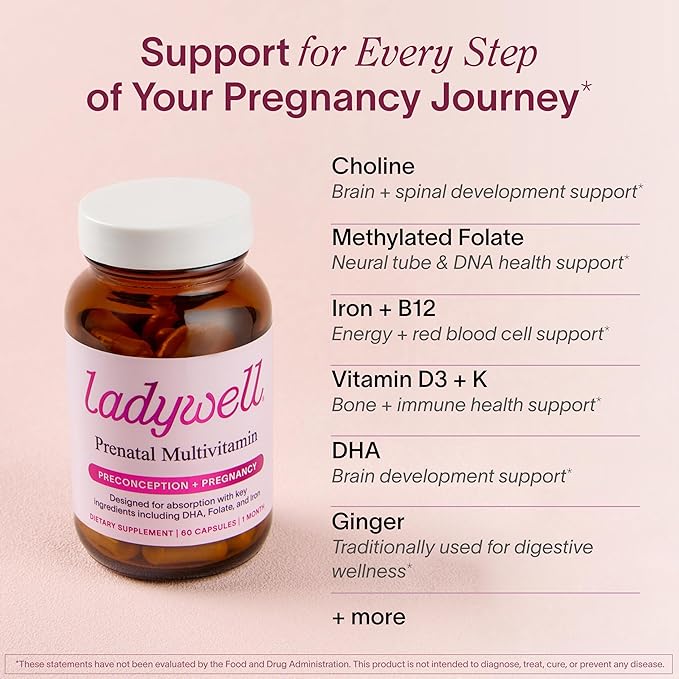 Ladywell Prenatal Multivitamin | Conception, Pregnancy & Postpartum | Key Ingredients Including DHA, Folate & Iron | Expertly-Formulated & Tested | Designed for Absorption with Nausea Support, 60 Ct