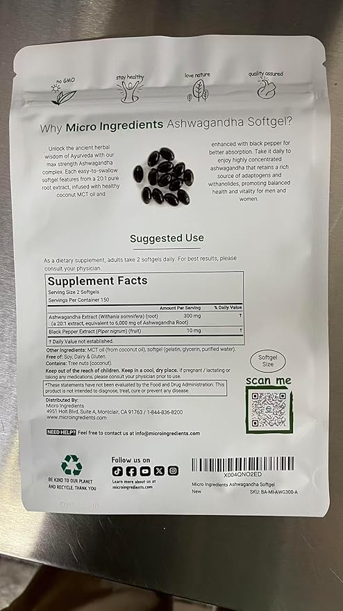 Ashwagandha Supplements | 300 Coconut MCT Oil Softgels with Black Pepper for Better Absorption | Potent Root Extract | Natural Herbal Support for Relaxation* | Non-GMO