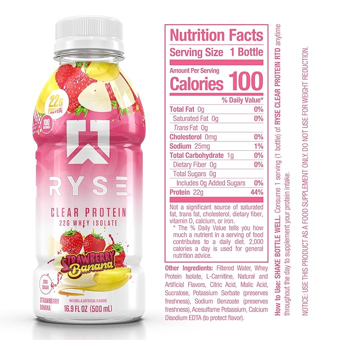 RYSE Clear Protein Shake - Strawberry Banana - 100 Calories, 22g Whey Isolate Protein, Sugar-Free, 0g Fat & Lactose-Free - Refreshing Ready-to-Drink Beverage - 16.9 fl oz Bottles (12-Pack)