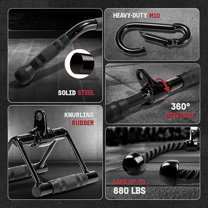 Yes4All Cable Machine Attachment, Double D Hanlde & Tricep Rope Cable Attachment, Weight Machine Accessories Load 880 LB for Home Gym