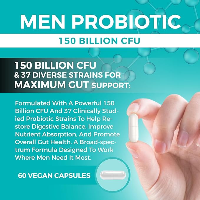8 in 1 Bio Cultures Complex for Men, 150 Billion CFU Probiotics | 37 Diverse Strains | Organic Prebiotics | Postbiotics | Digestive Enzymes, Support Digestive Health, Microbiome, Colon & Immune Health