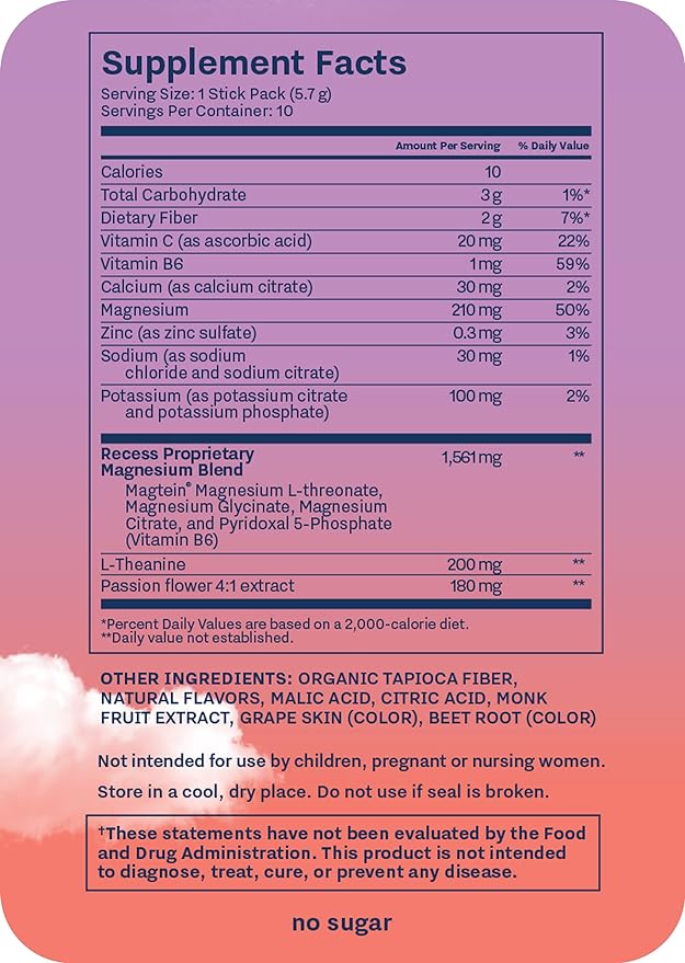 Recess Mood Powder, Calming Magnesium L-Threonate Blend with Passion Flower, L-Theanine, Electrolytes, Magnesium Calm Support Supplement - Gradient Berry Pack of 10