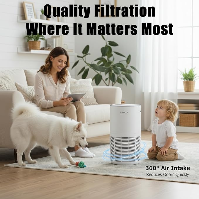 AIRPLUS Air Purifier for Home Bedroom, Covers Up to 1733 ft² by 38W High Torque Motor, 3-in-1 Washable Filter with HEPA Sleep Mode, Cleaner 99.9%, Auto Mode, Child Lock, White