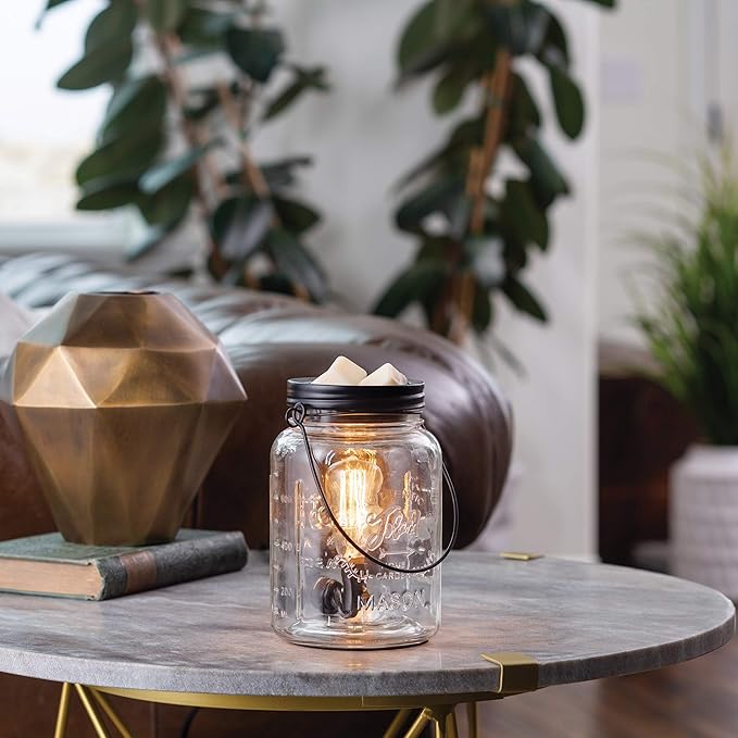 Candle Warmers Etc. Vintage Style Bulb Fragrance Warmer- Light-Up Warmer for Warming Scented Candle Wax Melts and Tarts or Essential Oils to Freshen Room, Clear Mason Jar