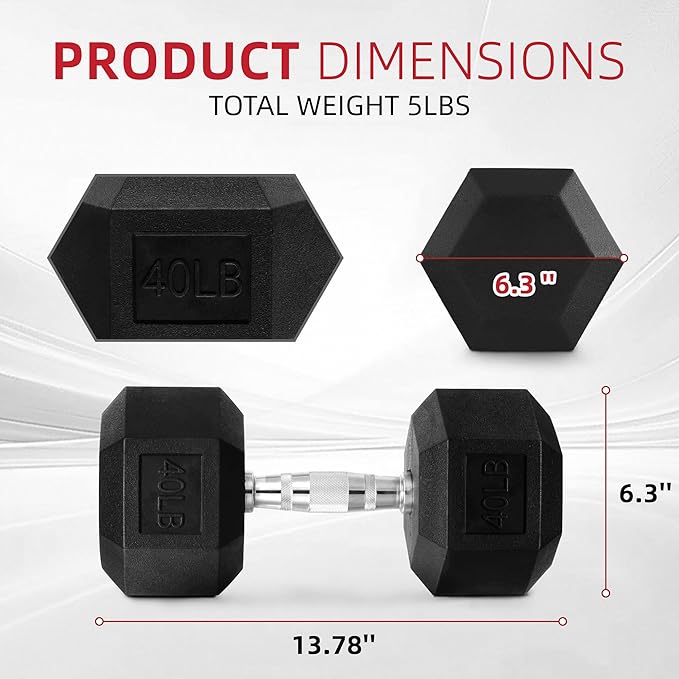 Rubber Encased Hex Weights Dumbbells Set of 5 – 50 lb Pair | Cast Iron Hand Weights with Anti-Slip Grip for Home Gym Strength Training