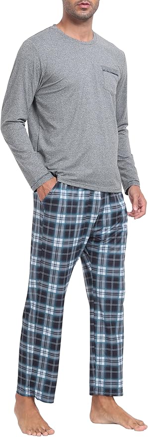 MoFiz Men's Pajamas Plaid Sets Sleepwear Sleep Long Sleeve Shirts and Pants Pajama Set Soft Mens Pjs Lounge Set with Pockets