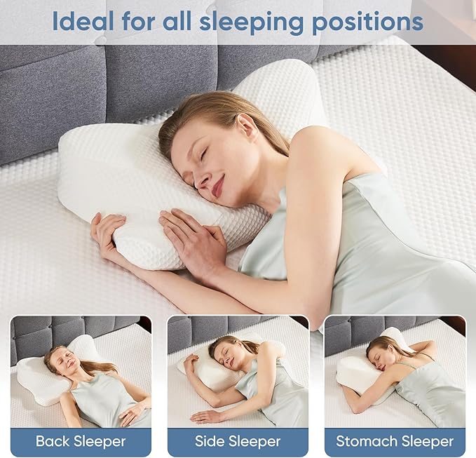 DUMOS Cervical Neck Pillow Set of 2, Memory Foam Contour Pillow with Arm Rest Slot and Soft Breathable Pillowcase, Ergonomic Dual-Height Orthopedic Support for Side, Back, and Stomach Sleepers, White