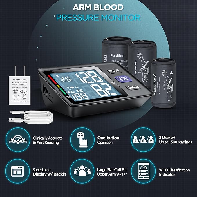 Blood Pressure Monitor Upper Arm with 3 Size Cuffs, Small 7"-9", Medium/Large Cuff 9"-17" and XL Extra Large 13"-21", Automatic Digital BP Cuffs for Home Use, Large LCD with Backlit, BP Machine