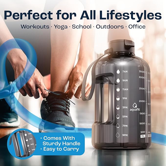 AQUAFIT 1 Gallon Water Bottle with Time Marker - Straw & Chug Lid - BPA Free Gym Water Bottle with Straw - Big Gallon Jug (Nebula 2, 128 oz - 2 Lids)