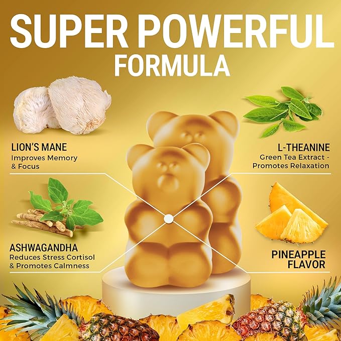 High Strength Extract Organic Lion's Mane Mushroom Gummies with Ashwagandha & L-Theanine - Potent Lion's Mane Brain Supplements for Memory & Relaxation - Mushroom Gummies for Focus