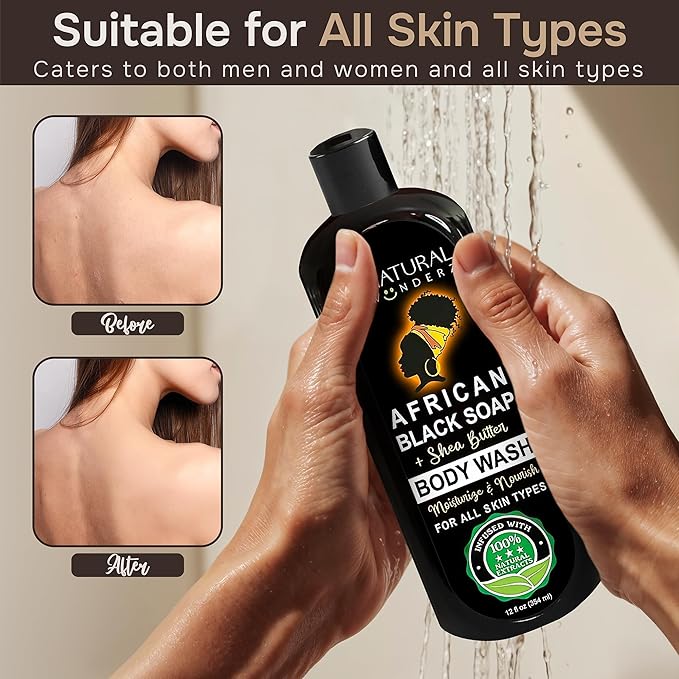 Natural Wunderz African Black Soap Body Wash, 12 oz – Sulfate‑Free, Vegan Cleanser with Shea Butter – Soothing, Detoxifying Shower Gel for Men & Women