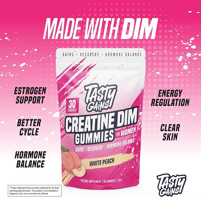 TASTY GAINS Creatine Gummies for Women | 3g Creatine Monohydrate Per Serving | DIM Supplement 100 mg | Estrogen Balance for Women | Hormonal Acne, Hormone Balance, Glute Builder | White Peach Flavor