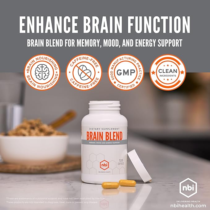 NBI Brain Blend for Memory, Focus, Concentration, Cognitive Function for Men & Women | Caffeine-Free with ALCAR, Alpha Lipoic Acid, Huperzine A, Turmeric | Nootropic | 120ct Capsules