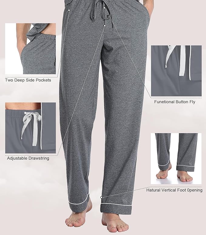 COLORFULLEAF Men's 100% Cotton Pajamas Set Button Down Sleepwear Short Sleeve and Long Pants Pjs