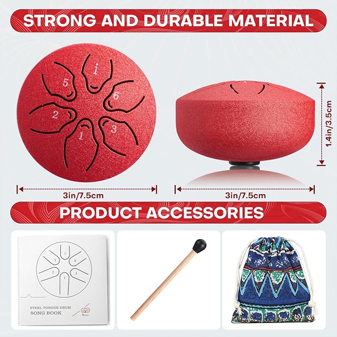 Facmogu Rain Drum for Outside, 6 Notes 3 Inch Steel Tongue Drum Rain Chime, Musical Rain Drum for Garden Yoga Meditation Zen, Mini Chakra Drum for Rain Outdoor w/Bag & Mallet - Red (Bowlling Pattern)