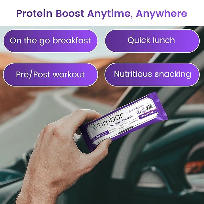 timbar Vegan Protein Bars 12 Pack | 12g Protein & 9g Fiber Plant Based- Energy & Nut Bars | Gluten Free, Non-GMO, Dairy Free, Healthy On-the-Go Snack & Meal Replacement (12 Packs, Chocolate Brownie)