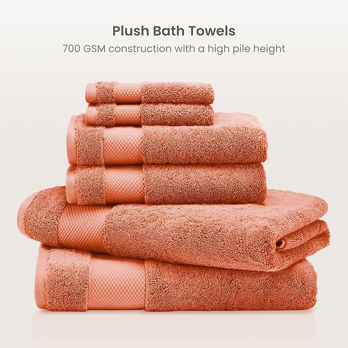 BIOWEAVES 100% Organic Cotton 700 GSM Plush 6-Piece Premium Towel Set GOTS Certified, 2 Bath Towels, 2 Hand Towels & 2 Washcloths - Burnt Orange
