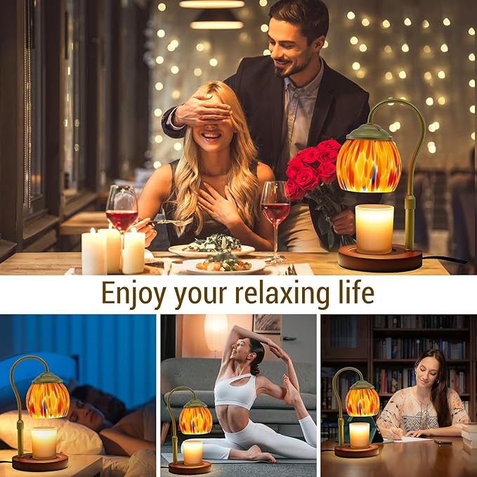 Candle Warmer Lamp with Timer, Dimmable Wax Warmer Lamp with 2 Light Bulbs, Height Adjustable Stained Glass Lamp Candle Warmer for Jar Candles, Home Room Decor, Gifts for Women Mom