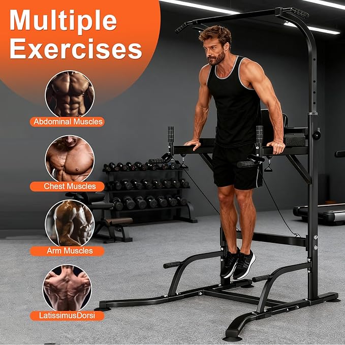 Pull Up Bar and Dip Station Power Tower, Adjustable Height Strength Training Equipment for Home Gym, Multi-Function Workout Machine