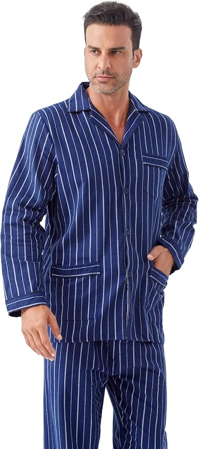 GLOBAL Men's Pajamas Sets 100% Cotton Flannel Sleepwear Long-Sleeve top & Bottom