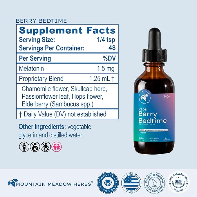 Mountain Meadow Herbs Berry Bedtime – Kids Sleep Support Drops with Melatonin, Chamomile, Lemon Balm & Passionflower - Natural Sleep Aid for Children – 2 oz
