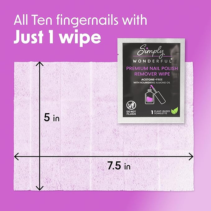 Simply Wonderful Lint Free Nail Polish Remover Wipes, Acetone-Free, Enriched with Nourishing Almond Oil, Plant-Based Nail Polish Remover Pads, 100 Individually Wrapped Nail Polish Wipes