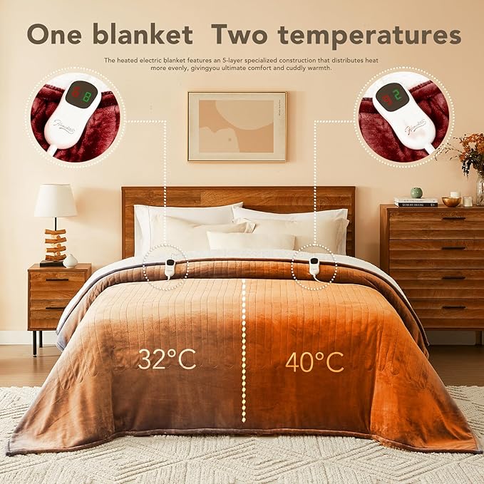 Homemate Electric Heated Blanket Twin - 62"x84" Heating Bed Blankets Throw with 10 Heating Levels 8 Hours Auto Off Fast Heating Over-Heated Protection Ultra Soft Warm Flannel ETL Certified Red