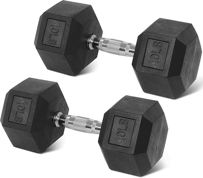 Rubber Encased Hex Weights Dumbbells Set of 5 – 50 lb Pair | Cast Iron Hand Weights with Anti-Slip Grip for Home Gym Strength Training