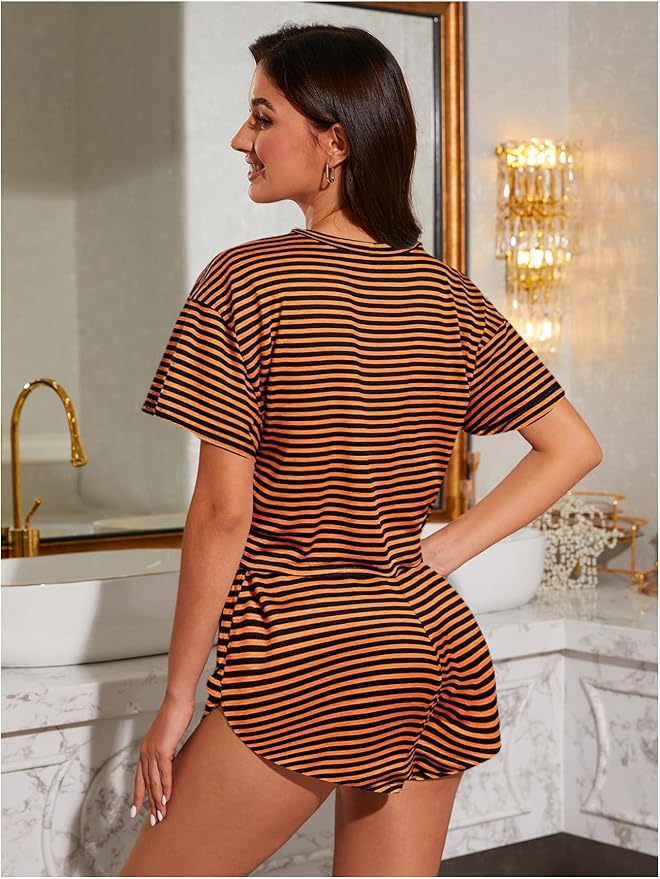OYOANGLE Women's Two Piece Pajama Set Striped Print Crew Neck Short Sleeve Tee and Side Split Shorts Set