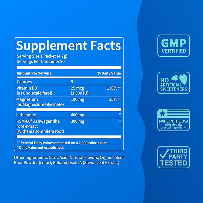 Nello Supercalm Drink Mix - Ashwagandha KSM 66, Magnesium Glycinate & L-Theanine Supplement - Ashwagandha Root Extract - Focus and Relaxation Support (20 Travel Packets) - Melon Berry