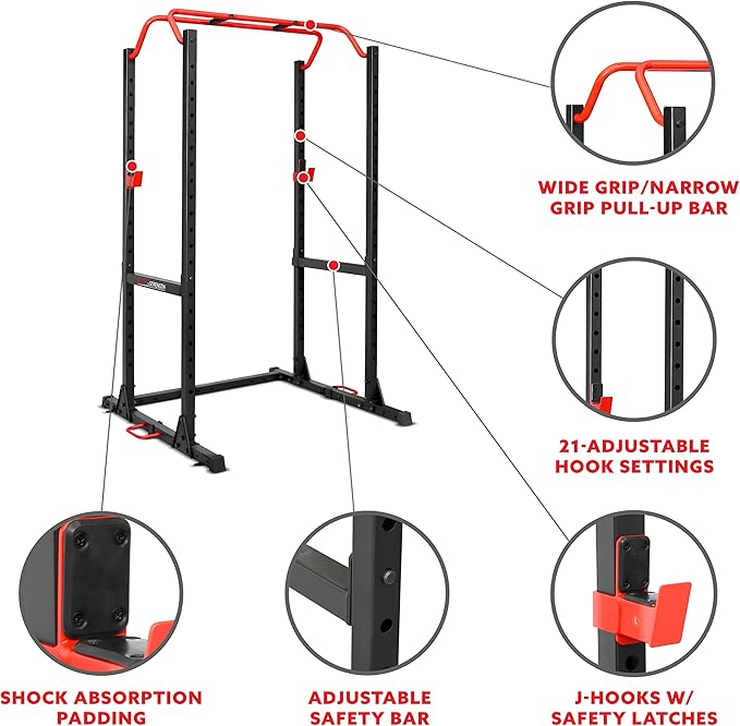 Sunny Health & Fitness Power Cage and Squat Rack In High Weight Capacity with J-Hooks, Adjustable Pull Up Bar, Weight Plate Holders, Resistance Band Posts