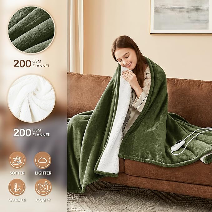 Homemate Electric Heated Blanket King Size - 100"x90" Heating Blanket King Size Dual Control 1/2/4/6/8 Hours Auto-Off 10 Heat Level Over-Heat Protection Flannel Sherpa ETL Certification