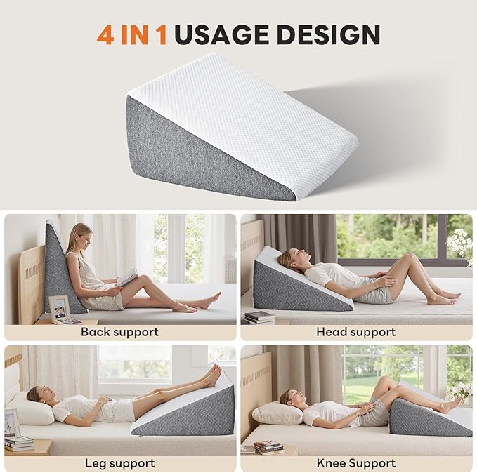 Sweetcrispy Wedge Pillow, Body Pillow for Sleep Apnea, Neck Pain Relief, Post Surgery, Sleeping Comfort, Acid Reflux, Heartburn, Back Pain Relief and Snoring, 12Inch, White& Grey