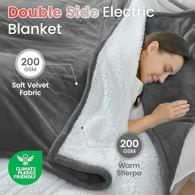 Sunable Heated Electric Blanket - Machine Washable Blanket with Time Settings 10 Heat Settings Queen Size 84×90 inches Grey - Velvet & Sherpa
