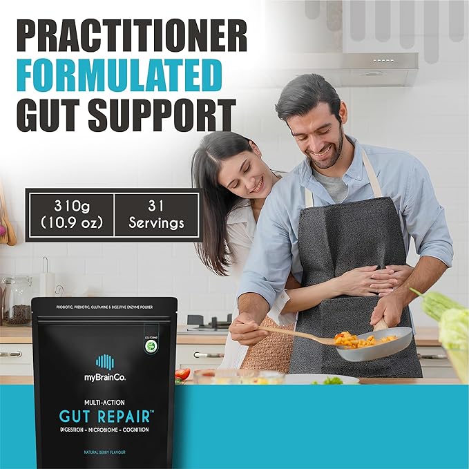 myBrainCo. Gut Repair β Gut Health & Digestion Support Powder for IBS, Bloating, Reflux & Leaky Gut β Low FODMAP Certified with Probiotics, Prebiotics, Enzymes & Glutamine β 310g