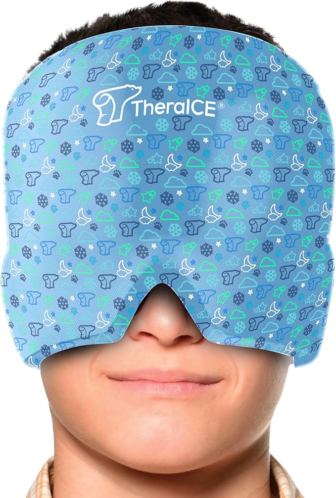 TheraICE Migraine Relief Cap Junior, Soothing Headache Boo Boo Ice Pack Mask Products, Cooling Gel Hat JR, Face Cold Compress Head Wrap for Bumps, Bruises and Cooling temperatures