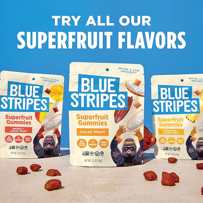 Blue Stripes Cacao Superfruit Gummies - Vegan Chewy Fruity Snack, No Sugar Added 100% Fruit Gummy, 9 Essential Vitamins & Minerals, Natural Tropical Superfood - Mango & Cacao, 3.2 oz (4 Pack)