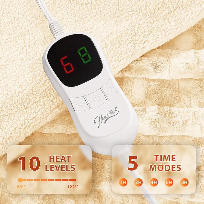 Homemate Electric Heated Blanket Full Size - 72"x84" Heating Blanket Full Size 1/2/4/6/8 Hours Auto-Off 10 Heat Level Over-Heat Protection Luxury Faux Fur Sherpa ETL Certification