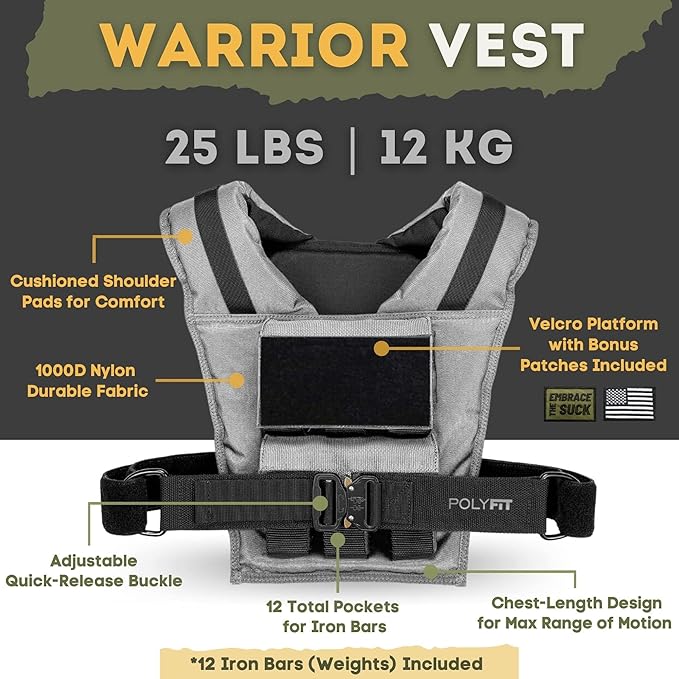 Polyfit (Warrior) Adjustable Weighted Vest - 25lb | 35lb | 45lb - Weight Vest with Adjustable Iron Weights for Men and Women for Workouts, Strength Training, Rucking