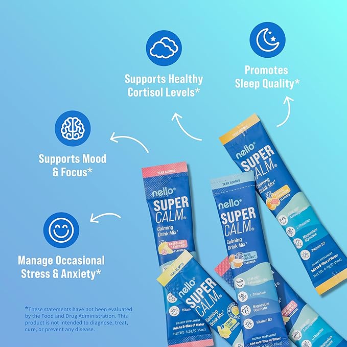 Nello Supercalm Drink Mix - Ashwagandha KSM 66, Magnesium Glycinate & L-Theanine Supplement, Vitamin D3 - Ashwagandha Root Extract - Focus and Relaxation Support (20 Travel Packets) - Variety Pack