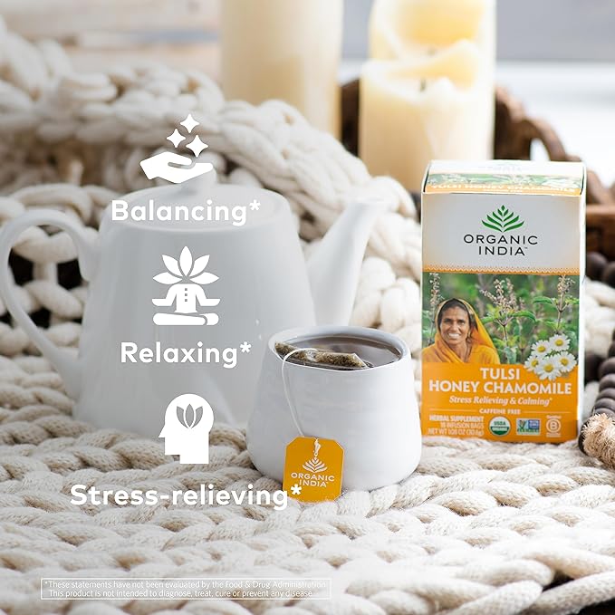 Organic India Tulsi Honey Chamomile Tea Bags - Herbal Tea for Stress Relieving & Calming, Immune Support, Adaptogen, Gluten-Free, USDA Certified Organic, Caffeine-Free - 18 Infusion Bags, 6 Pack