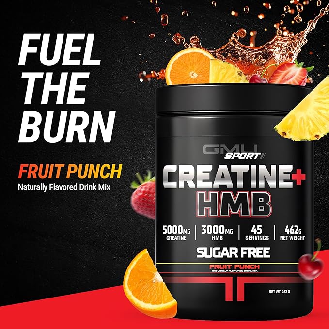 GMU SPORT - Creatine Monohydrate with HMB Powder - 45 Servings, Creatine HMB Supplements, Creatine with HMB for Increased Strength, Muscle Growth & Enhanced Energy, 3G HMB/Fruit Punch
