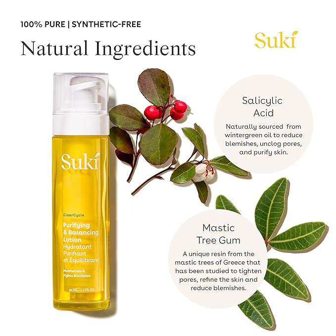 Suki Skincare Purifying and Balancing Day Lotion with Salicylic Acid – Hydrating, Anti Aging Face Moisturizer for women with Active Lifestyles – Calming Face lotion for Oily or Acne Prone Skin 1.7oz.