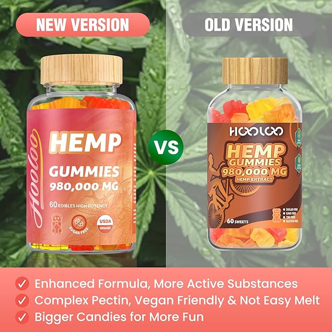 HOOLOO Hemp Gummies 980,000 Fruity, Bears Sugar Free Hemp Gummy for Adults, Made in USA