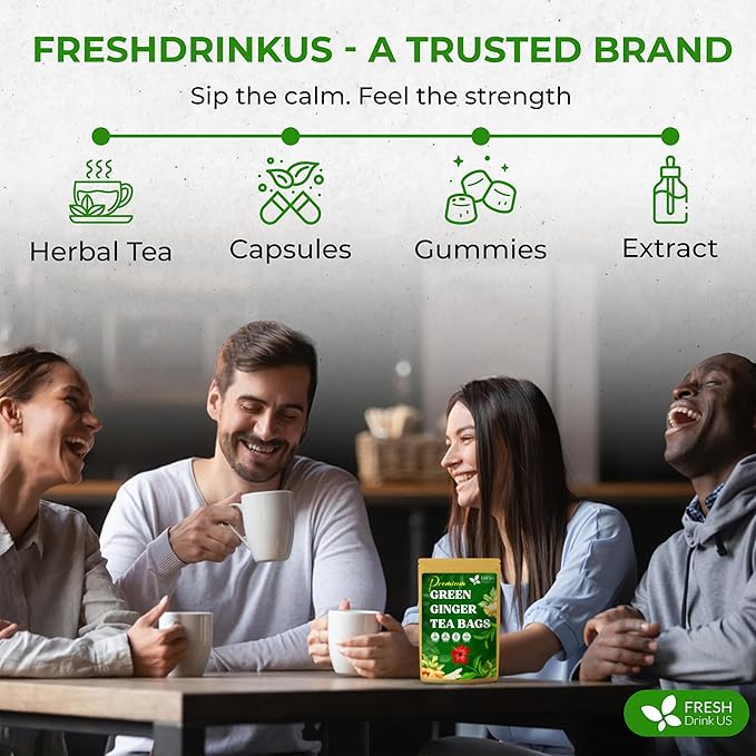 FreshDrinkUS, Premium Green Ginger Tea | 135 Tea Bags | Sencha Green Tea with Ginger, Lemongrass, Turmeric, Hibiscus & Peppermint | Natural Herbal Blend | Comfort & Refreshing, Vegan