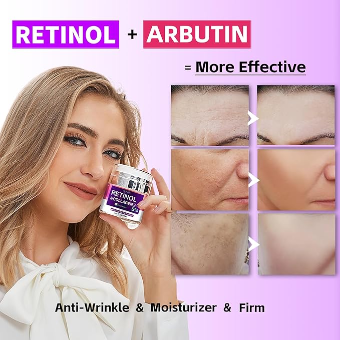Collagen Moisturizer Retinol Face Cream with Hyaluronic Acid & Arbutin, Day & Night Anti Aging Facial Moisturizing Cream for Face and Neck to Reduce Wrinkles, Women and Men ,1.85 Fl Oz