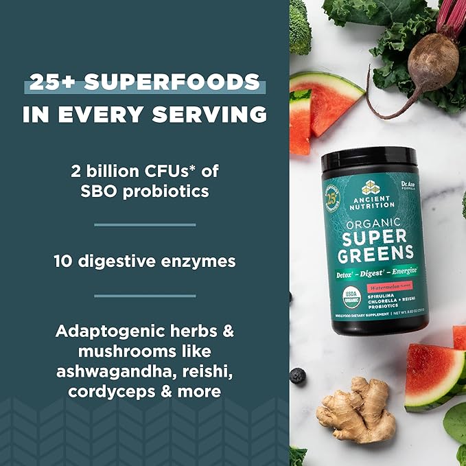 Ancient Nutrition SuperGreens Powder with Probiotics, Organic Watermelon Flavor Greens, Made from Real Fruits, Vegetables and Herbs, for Digestive and Energy Support, 25 Servings, 8.82oz