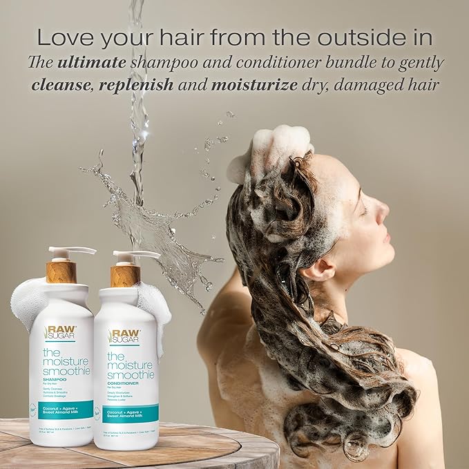 Raw Sugar Moisture Smoothie Shampoo and Conditioner Set, Moisturize & Nourish Dry Hair, Bulk Shampoo and Conditioner with Coconut Oil, Agave & Sweet Almond Oil, Formulated without Sulfates & Parabens