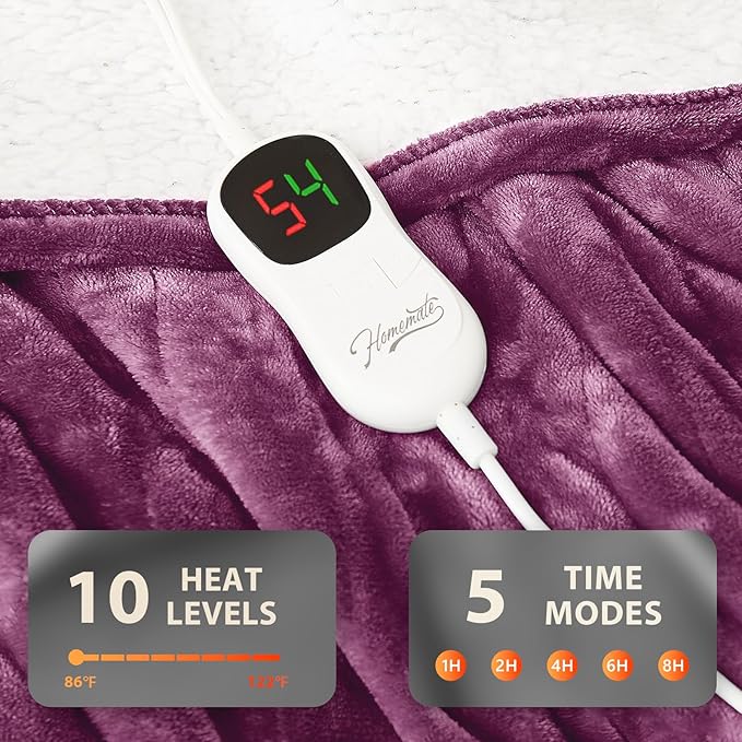 Homemate Electric Heated Blanket Twin - 62"x84" Heating Bed Blankets Throw with 10 Heating Levels 8 Hours Auto Off Fast Heating Over-Heated Protection Ultra Soft Warm Flannel ETL Certified Purple