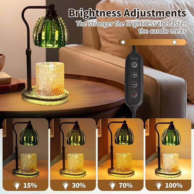 Candle Warmer Lamp with Timer: Adjustable Height and 4 Dimmer, Crystal Glass Base, Heater Wax Warmer for Jar Scented, Home Décor and Housewarming & Birthday Gift for Mom Woman, 2 Bulbs(Jade Green)